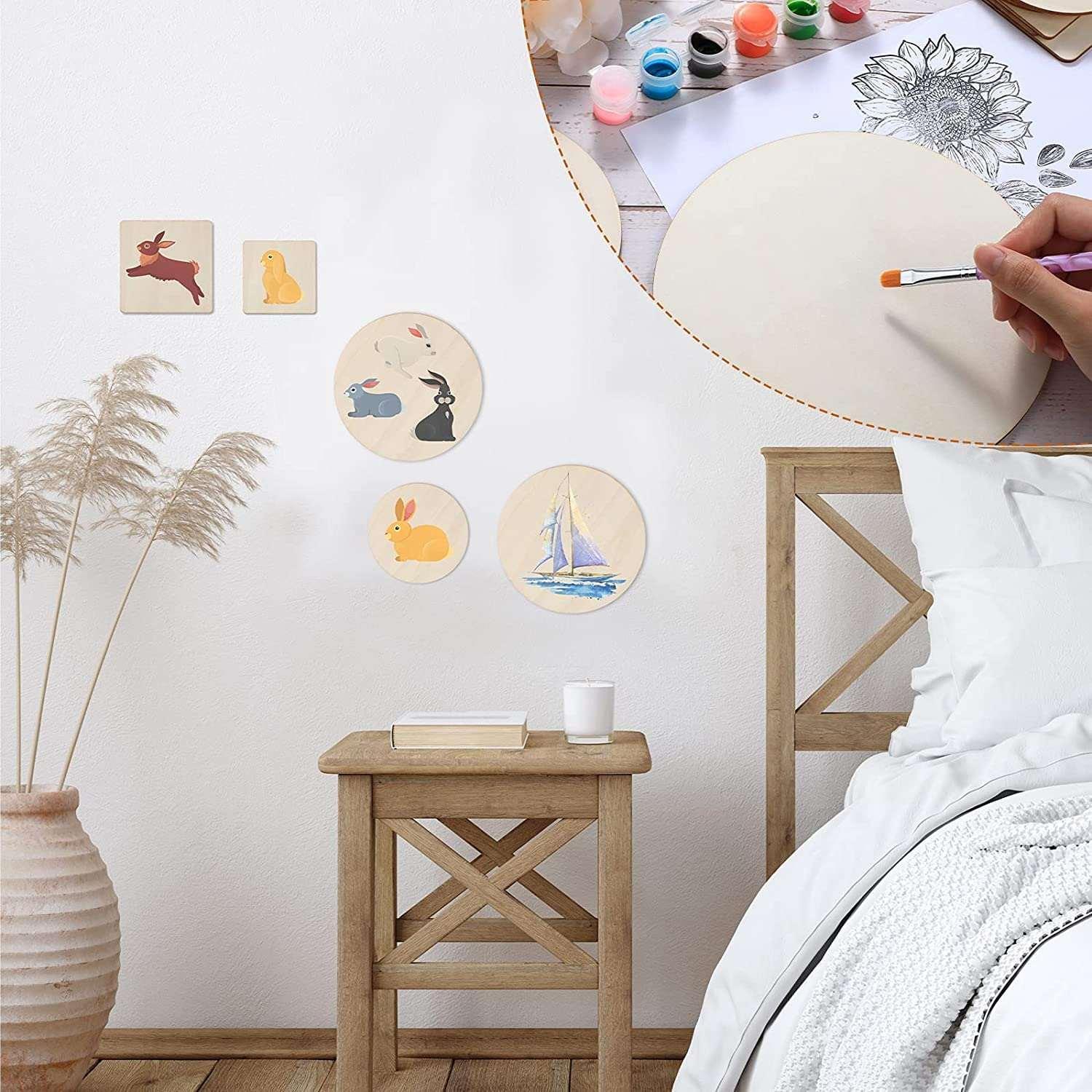 Haoser 18 Pieces Unfinished Blank Wood Pieces Wooden Squares for Crafts Natural Wooden Cutouts Tiles Round Wood Circles